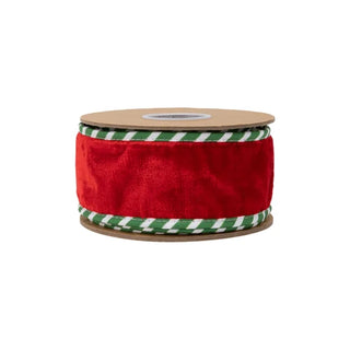 Red Ribbon with Green/White Striped Backing and Piping, 2.5"X 10Y