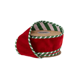 Red Ribbon with Green/White Striped Backing and Piping, 2.5"X 10Y