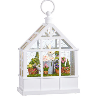 Bunny in Watering Can Lighted Water White Greenhouse