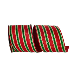 Red and Green Glitter Stripe Fiesta Ribbon, 4" X 5YD