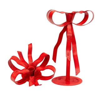 Red Ribbon Taper Candlestick Set