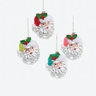 Jolly Santa with Flocked Hat Glass Ornament