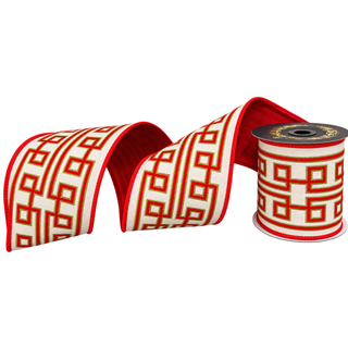 Red Imperial Embroidered Canvas Dupion Ribbon, 4" X 5YD