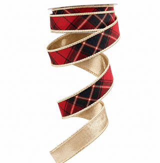 Burgundy Plaid Metallic Gold Ribbon, 1" X 10YD