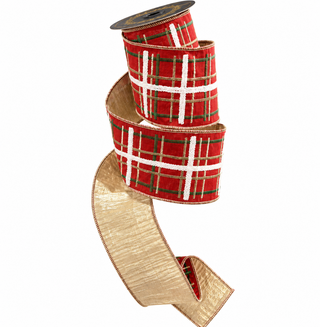 Red, Green & Gold Embroidered Plaid Dupion Ribbon, 4" X 5YD