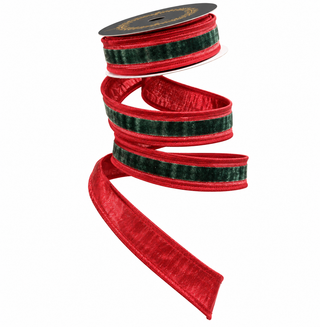 Emerald Velvet with Red Piping Metallic Dupion Ribbon, 1" X 10YD
