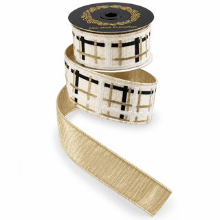 Ivory, Gold & Black Embroidered Plaid Dupion Ribbon, 4" X 5YD