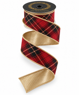 Burgundy Plaid Metallic Gold Ribbon, 2.5" X 10YD