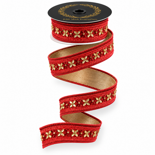 Red Jeweled Trim Dupion Ribbon, 1" X 5YD