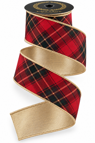 Burgundy Plaid Metallic Gold Ribbon, 4" X 10YD