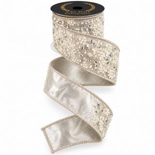 Gold & Platinum Jeweled Pearl Trim Ribbon, 2.5" X 5YD