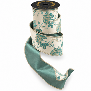 Teal Floral Jacquard Dupion Ribbon, 4" X 5YD