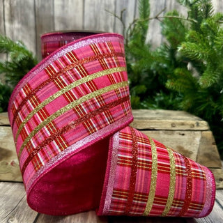 Red, Pink, and Gold Glitter Plaid Ribbon, 4" X 5YD