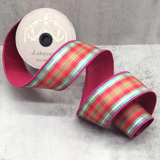 Hot Pink and Orange Dewdrop Plaid Ribbon, 2.5" X 10YD