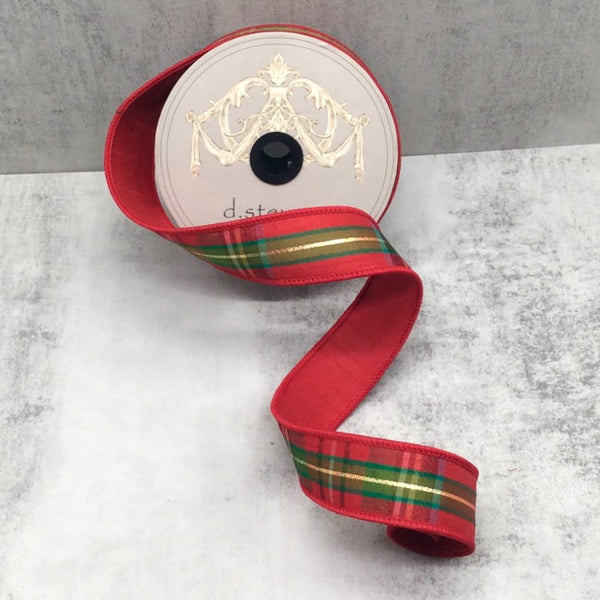 Juniper Plaid Metallic Gold Thread Ribbon, 1.5