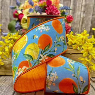 Dupion Watercolor Citrus and Blossoms Ribbon, 4“X 10YD