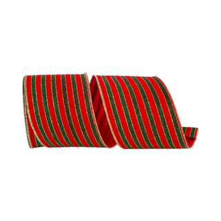 Red and Green Glitter Stripe Velvet Ribbon, 4" X 10YD