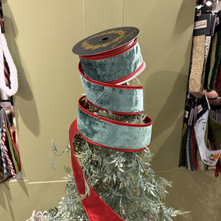 Emerald Velvet with Red Piping Metallic Dupion Ribbon, 2.5" X 10YD