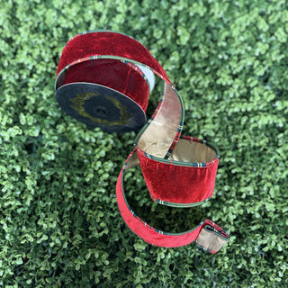 Burgundy Velvet Ribbon with Classic Plaid Trim, 2.5" X 10YD