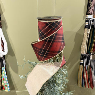 Burgundy Plaid Metallic Gold Ribbon, 4" X 10YD