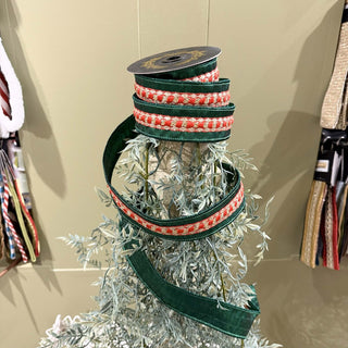 Emerald Dupion with Red Textured Trim Ribbon, 1.5" X 5YD
