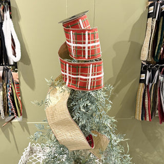 Red, Green & Gold Embroidered Plaid Dupion Ribbon, 4" X 5YD