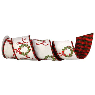 "JOY" Wreath Dupion Plaid Back Ribbon, 4"x5YD