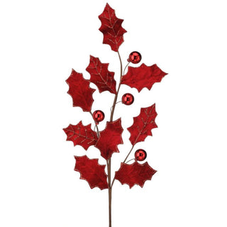 Velvet Holly Leaf Spray, Red