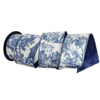 Blue White Velvet Toile Ribbon, 4"X10YD