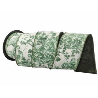 Green White Velvet Toile Ribbon, 4"X10YD