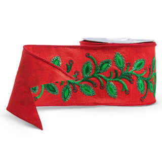 Floral Sequin Embellishment Red Ribbon, 4" X 10YD