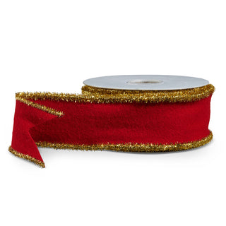 Red Felt with Gold Tinsel Wired Ribbon, 2.5" X 10YDS