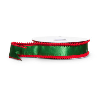 Green Satin with Red Pom Pom Edge Ribbon, 1.5” X 10YD