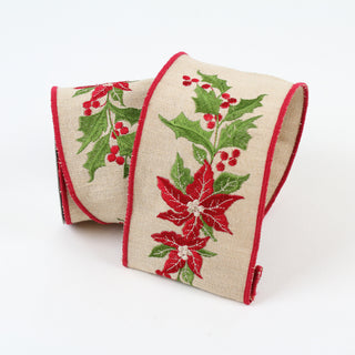 Red & Green Linen Poinsettia Holly RIbbon, 4" X 5YD