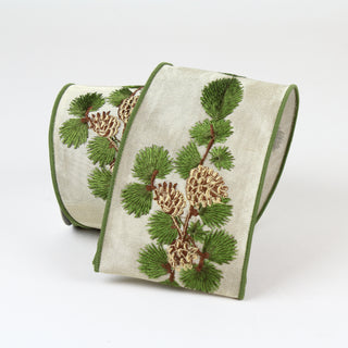 Green Shimmering Pinecone Branch Ribbon, 4" X 5YD