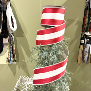Red & White Satin Stripe Double Fused Ribbon, 4" X 10YD