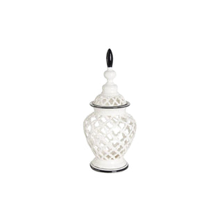 White Lattice Cutout Lidded Ceramic Jar