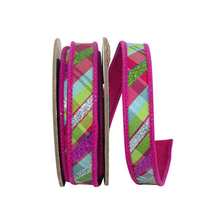 Glitter Bright Fuchsia Plaid Ribbon, 7/8" X 5YD