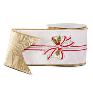 White Embroidered Peppermint Bow Wired Ribbon, 4" X 10YD