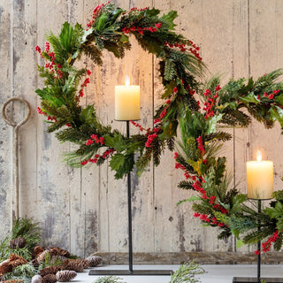 Pine and Holly Wreath on Candle Stand