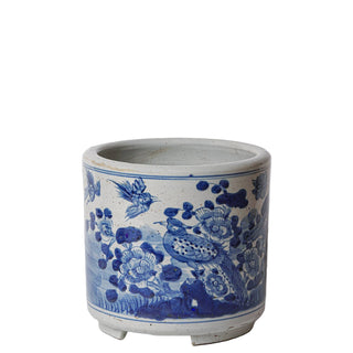 Blue and White Bird and Flower Footed Cachepot 