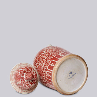 Red and White Scrolling Lotus Temple Jar