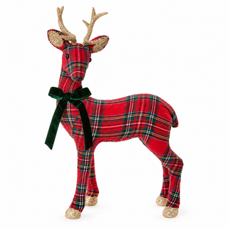 Holiday Tartan Deer with Velvet Bow and Glitter Accents