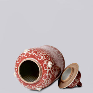 Red and White Scrolling Lotus Temple Jar