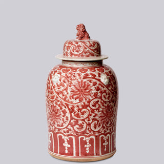Red and White Scrolling Lotus Temple Jar