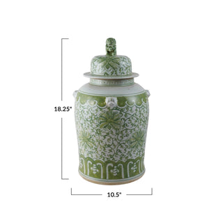 Hand-Painted Stoneware Ginger Jar with Foo Dog Lid