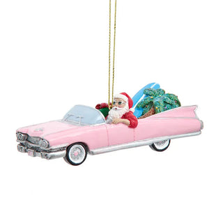 Santa In Pink Cadillac Ornament