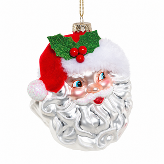 Jolly Santa with Flocked Hat Glass Ornament