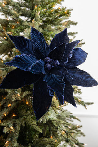 Midnight Blue Deluxe Velvet Poinsettia Pick