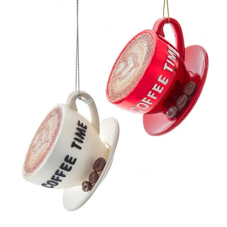 Glass Red White "Coffee Time" Coffee Cup Ornament